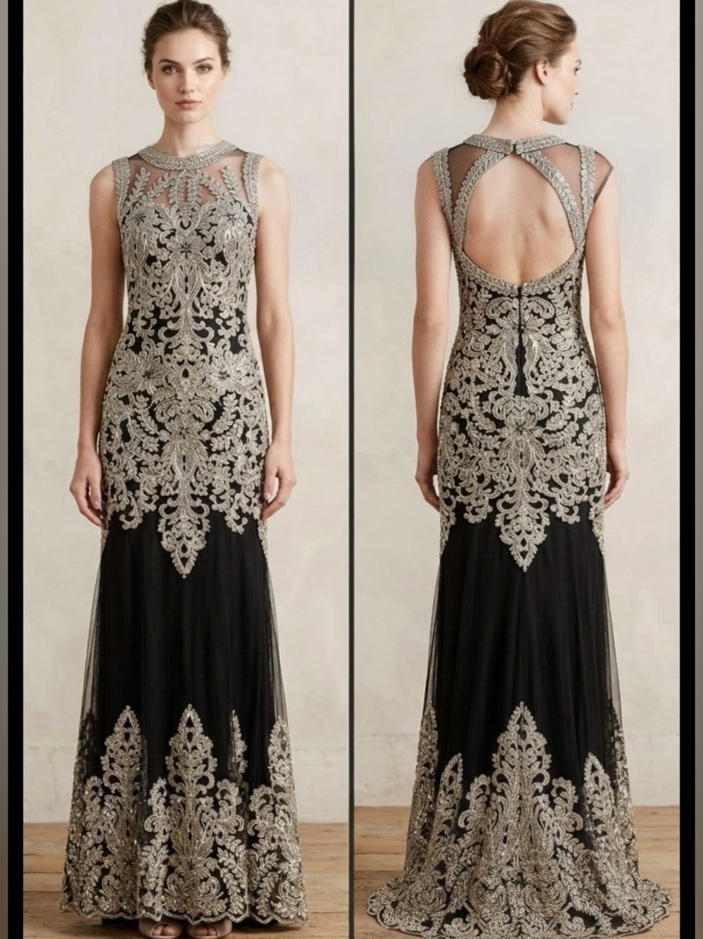 Royal Queen NWT Black Gold Embroidered Mermaid Formal Gown Prom Dress 8